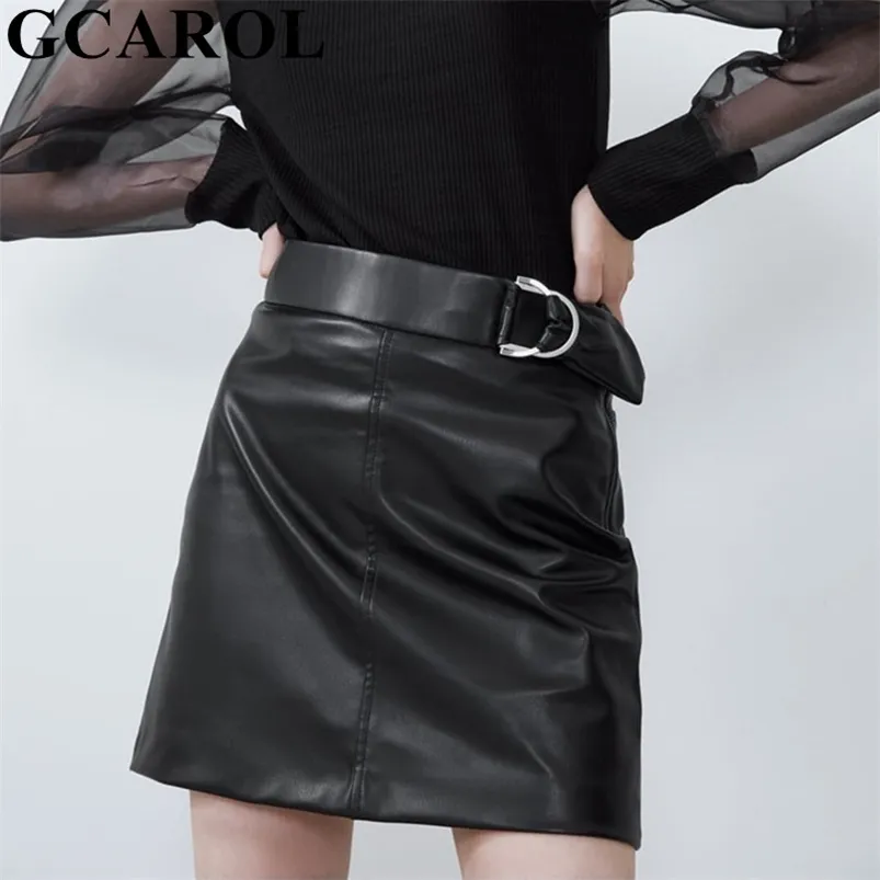 GCAROL nouvelles femmes noir PU cuir Mini jupe a-ligne métal boucle Sexy Faux cuir printemps été Multi Occasion jupe 210330