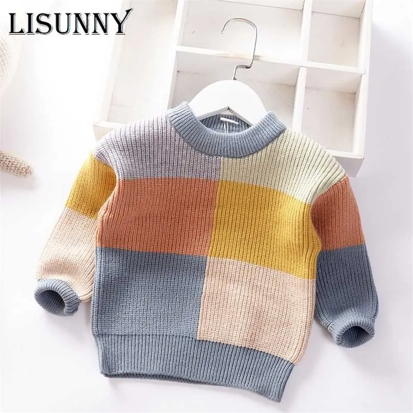 Jesień Zima Baby Boys Sweter Dziewczyna Dzieci Dzianiny Ubrania Dla Dzieci Sweter Zwolenie Toddler Plaid Kolor Dopasowanie 211104