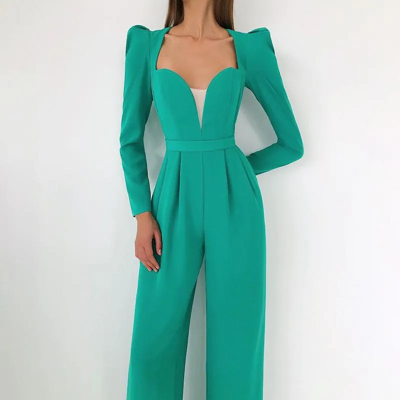 Kvinnors tvåbit byxor 2021 Europeisk och amerikansk vinter ML21158PF Temutament Commuter Bubble Långärmad V-Neck Hög midja Jumpsuit