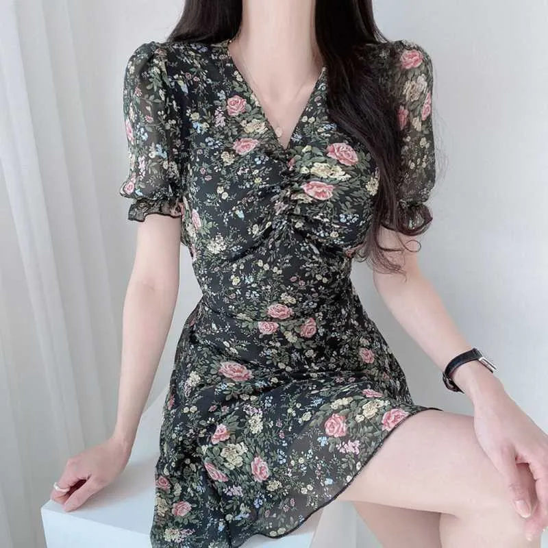 Koreanische Chic Süße Retro Schlank Sexy Spitze Up Taille V-ausschnitt Kurzarm Floral Chiffon Kleid Frauen Mini Elegante Vestido de Mujer 210610