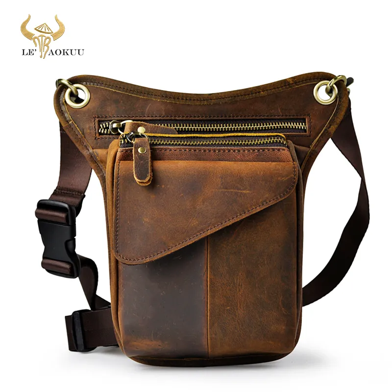 Original Läder Midja Pack Män Brun Casual Fashion Små Shoulder Messenger Designer Travel Belt Drop Ben Male