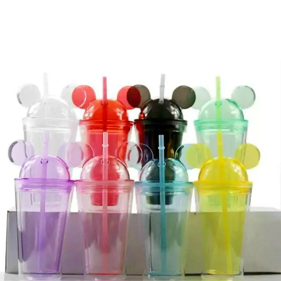 8 Colors 15oz Acrylic Tumbler with Dome Lid Plus Straw Double Wall Clear Plastic Tumblers with Mouse Ear Reusable Cute Drink Cup Lovely cx22