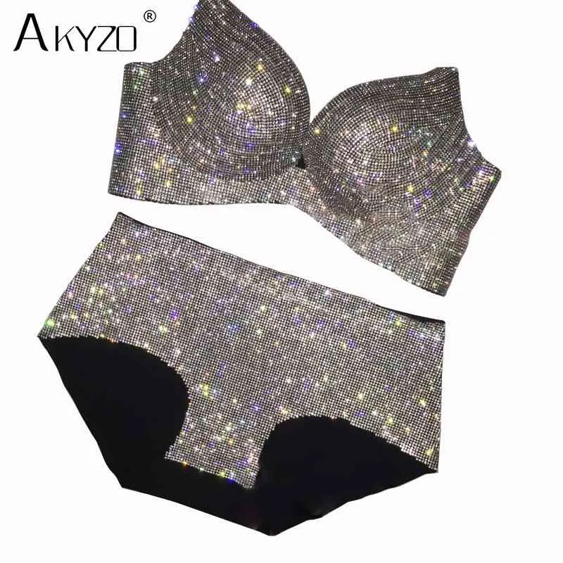 AKYZO Luxury rhinestone bra set women sexy shiny high quality diamond elastic padded bra for lady X0526