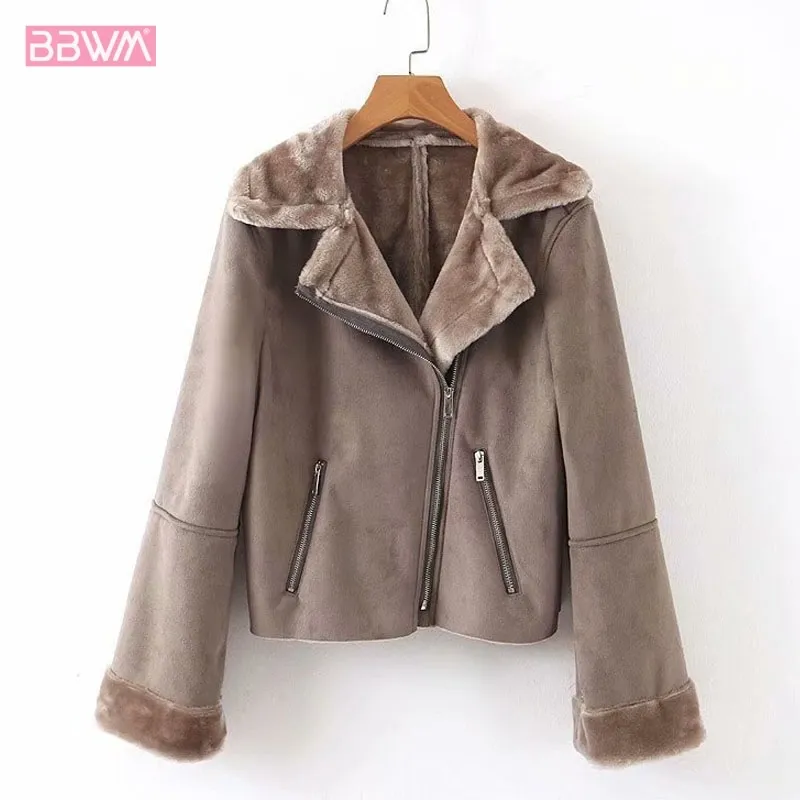 Buckskin Lapel Long Sleeve Zipper PU Women's Jacket Winter Solid Color Lapel Warm Locomotive Female Coat Pocket Harajuku 210507