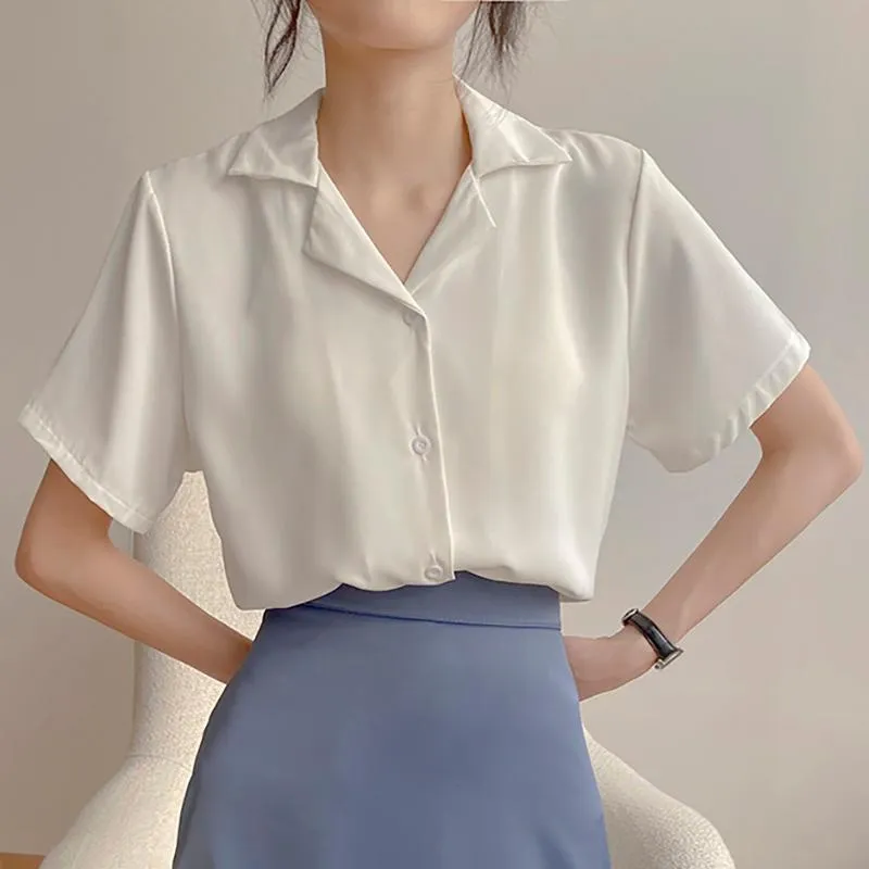 Kvinnors blusar skjortor blusskjorta för kvinnor 2021 sommar mode kort ärm kostym krage casual office lady white tops koreansk stil