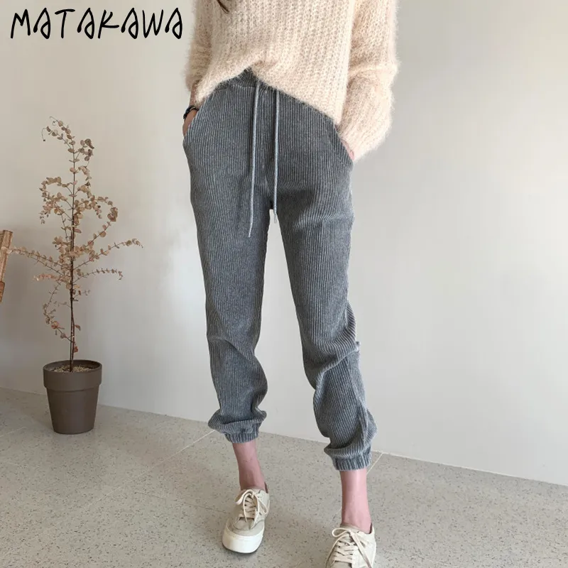 MATAKAWA Slim Corduroy Straight Trousers Korean Chic Basic High-waisted Woman Pants Comfortable Drawstring Casual Pants Women 210513