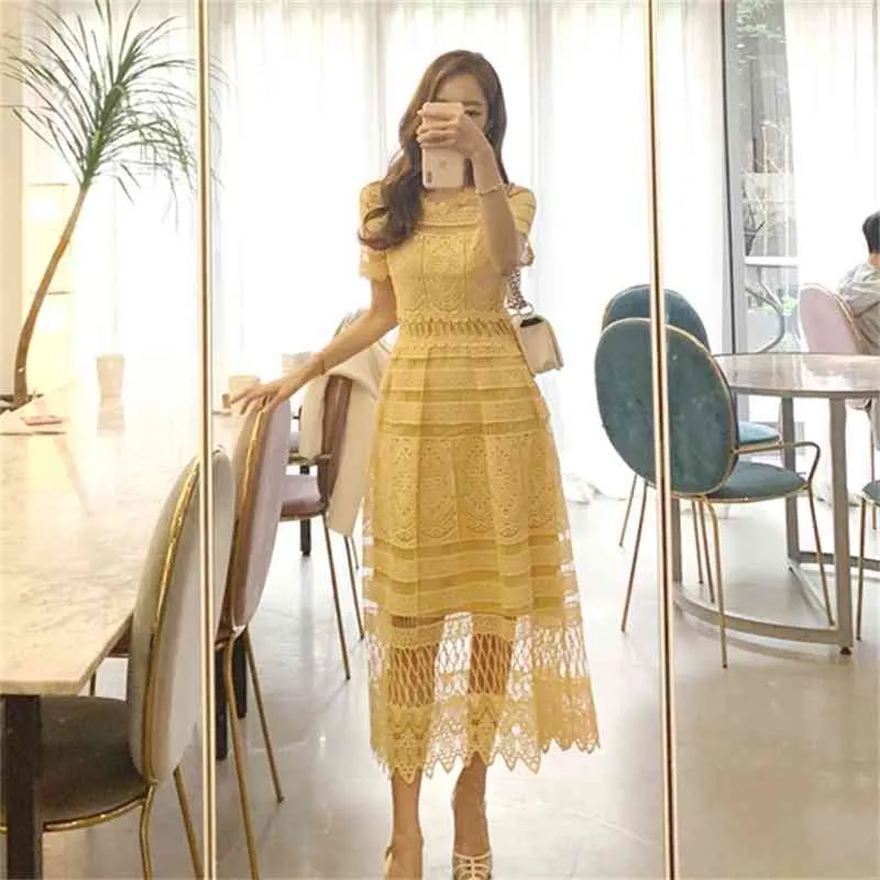 2019 Summer Korean Yellow Dress Women Short Sleeve Hollow Out Hook flower Solid Lace Dress Women Elegant Long Dress 210331