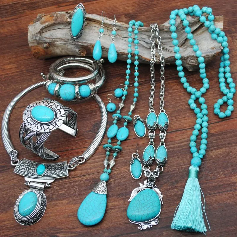 Earrings & Necklace Women Fashion Turquoise Jewelry Set Vintage Silver Plated Handmade Beaded Bracelet Bangles Ring Accessories