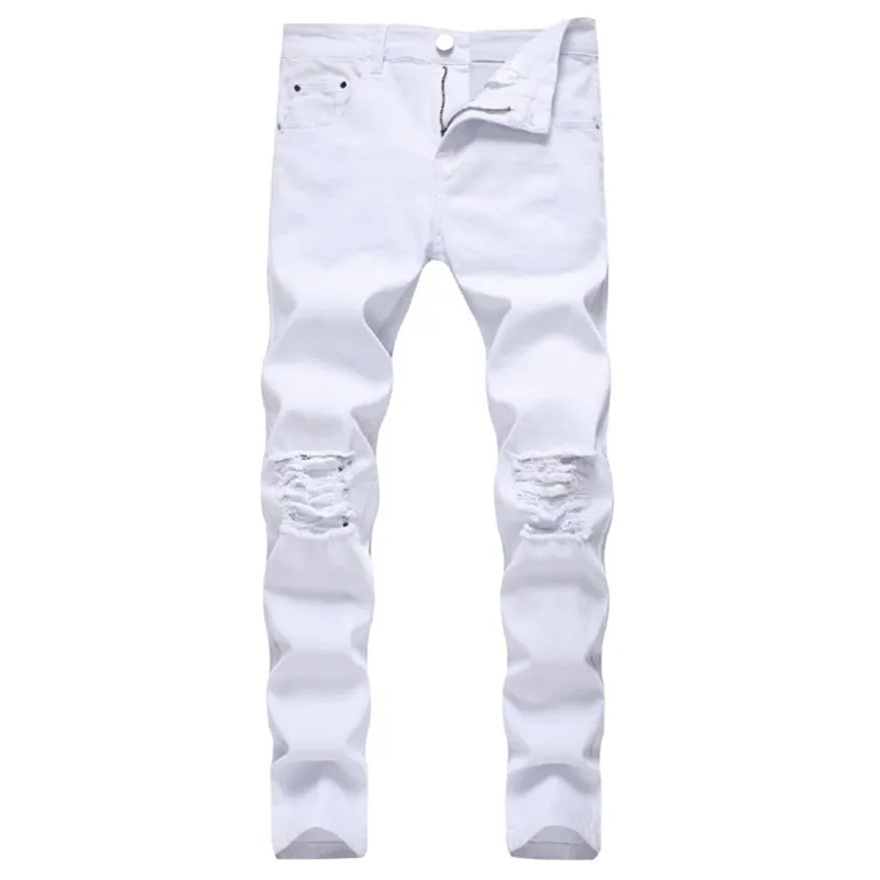 Sólido branco jeans rasgado homens clássico retrô homens skinny jeans marca elástica calças jeans calças casuais slim fit lápis calça 210714