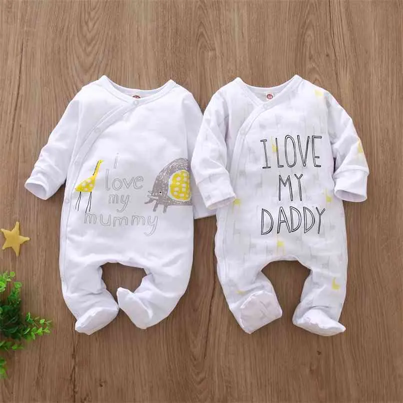 Newborn Baby Boy Girl Pagliaccetto Manica lunga Cotone Lettera I Love Daddy Mummia Animal Print Tuta Pigiama infantile Abiti 210911