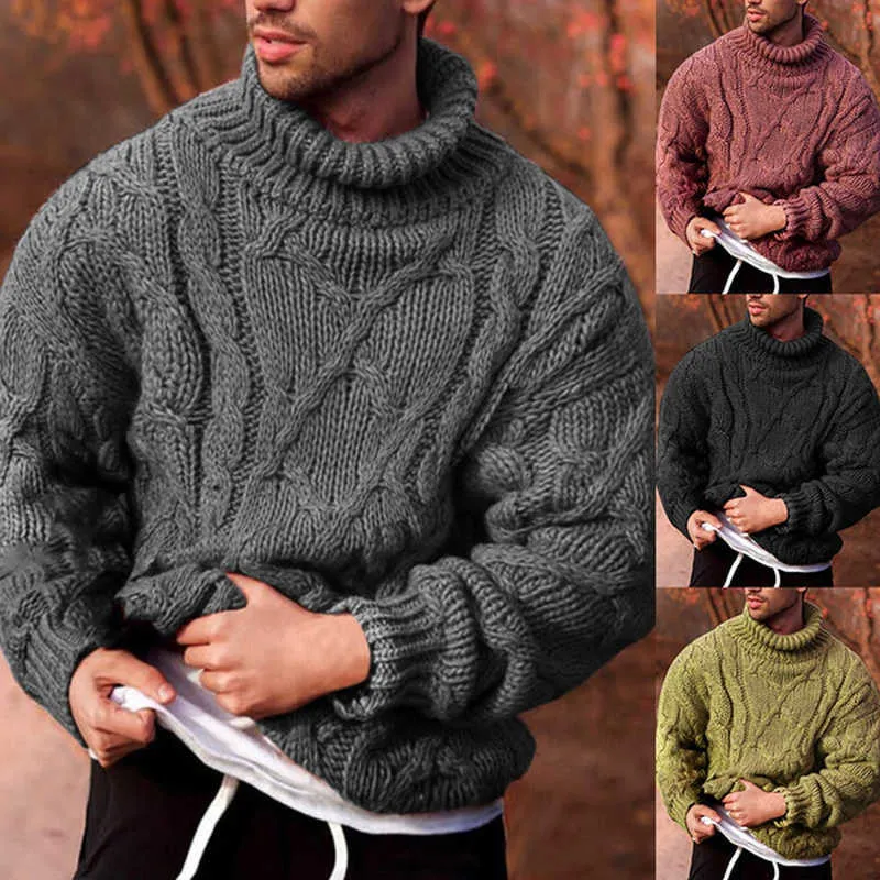 Весна осень мужчин водолазки свитер теплый кннитарный джемпер уличная одежда повседневная свободные пуловеры свитеров мужской трикотажный одежда 211014