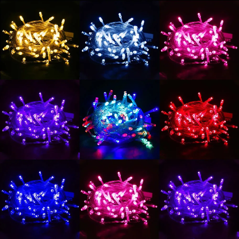 Venta al por mayor 10M 100LEDs LED Lámpara de cadena AC220V AC110V 9 colores Lámparas de adorno Impermeable Guirnalda al aire libre Fiesta Vacaciones Decoración navideña Luz