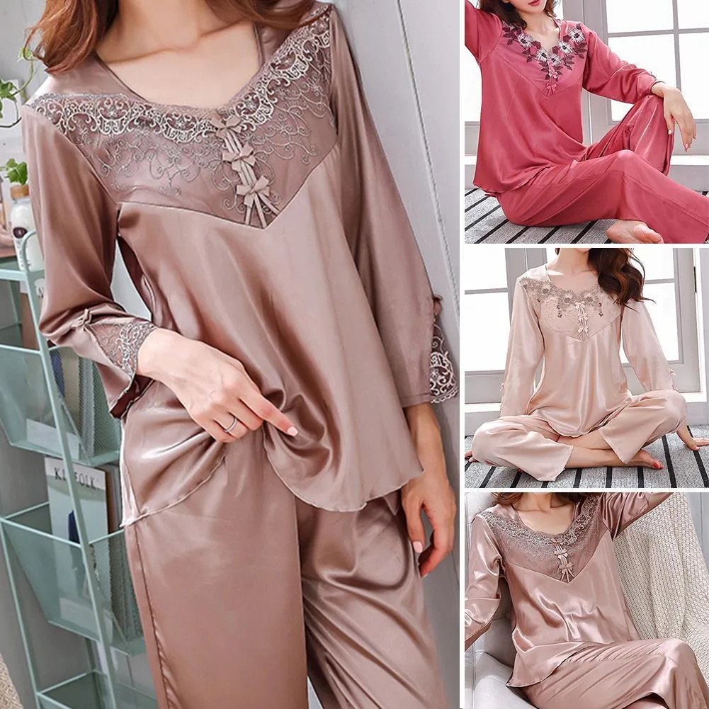 2 ADET Sonbahar Pijama Seti Kadınlar Dantel Çiçek Nakış Homewear Uzun Kollu Üst Uzun Pantolon Gecelikler Pijama Kadın Pijama Set X0526