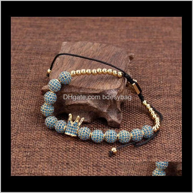 2019 fashion men micro pave cz cubic zircon jewelry charm of the crown and 8mm full zircon beads braided bracelet female pulseira