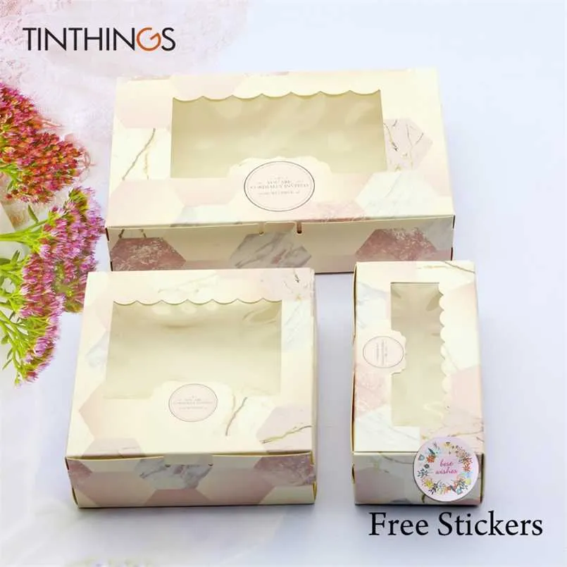 20PCS Paper Gift Box With Window Pink Marble Wedding Party Favors Food Packaging Candy Cardboard Cake Bags Valentine's Day 211108