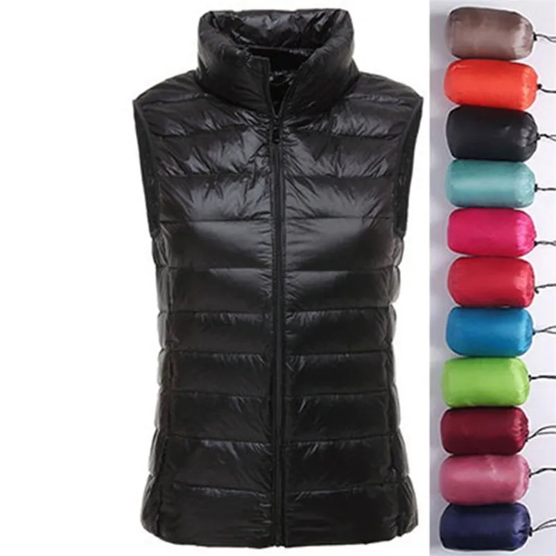 Women's Autumn Duck Down Warm Vest Sleeveless Stand Collar Portable Quilted Vests Female Winter Solid Casual Woman Jacket 211008