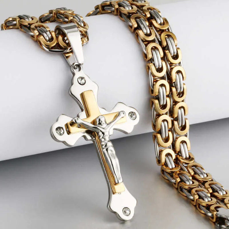 Byzantine Chain Crucifix Christ Jesus Pendant Necklace Multilayer Crystal StainlSteel Cross Pendant Necklace Jewelry Gift X0707