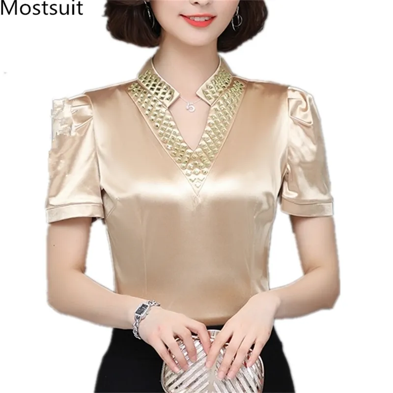 Zomer Diamanten Satijn Korte Mouw Blouses Tops Dames Kantoor Elegante Mode Koreaanse Slanke V-hals Pullovers Femininas 210513