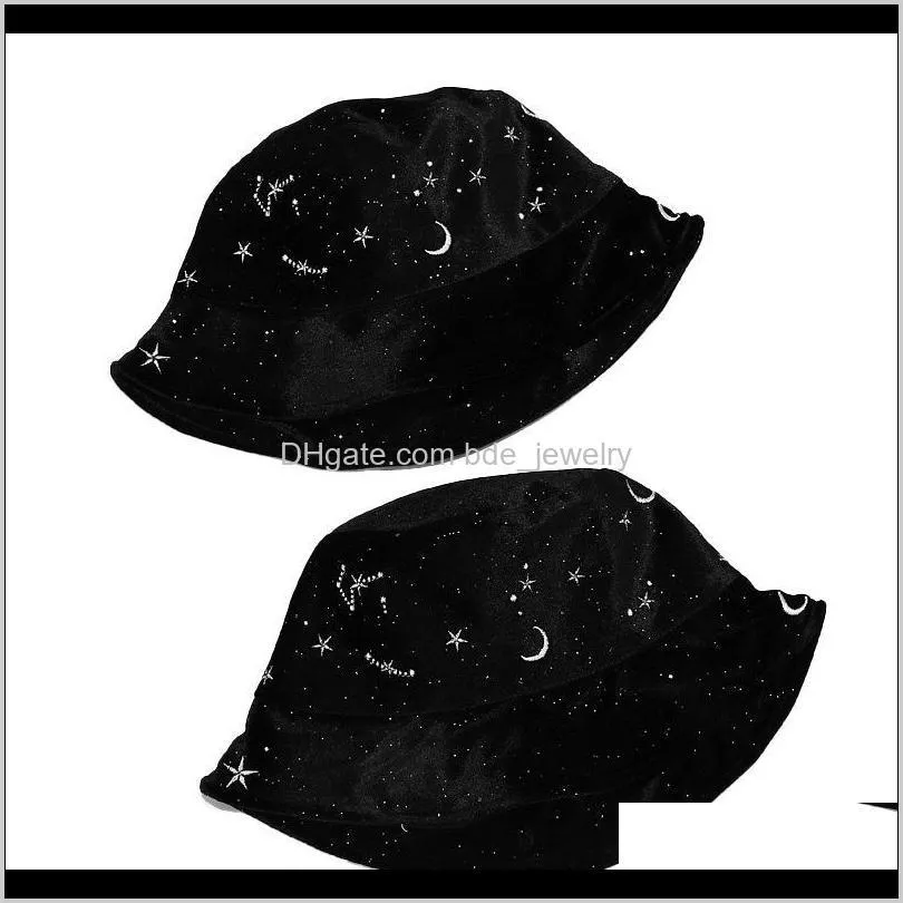 autumn winter new flannel fisherman cap women embroidery star moon retro black basin hat velvet outdoor sun bucket hat panama