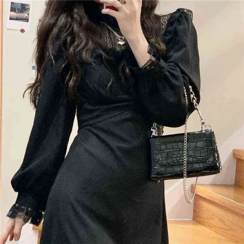 knee length puffer dress Chiffon Lace Flutter Sleeve Dress, Elegant Winter 2020