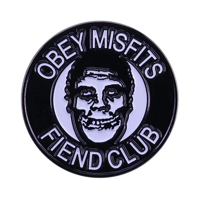 Pins, Broches Fiend Club Obedeça Misfits Punk Skull Rock Broche Pins Enamel Metal Badges Lapela Pin Jeans Moda Jóias Acessórios