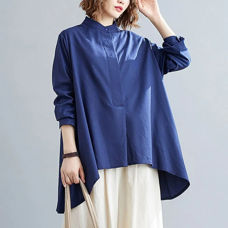 Surdimensionné femmes lâche blouses décontractées chemises nouveau automne Style Simple Vintage couleur unie femme coton lin longs hauts S2725 210412
