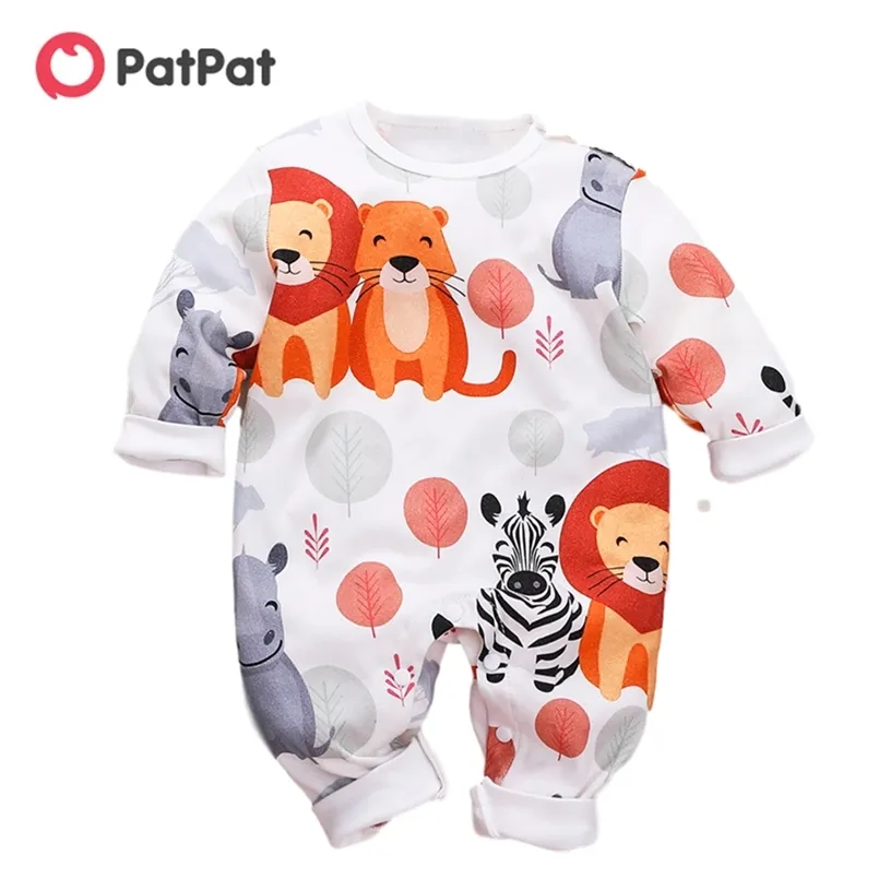 Vår och höst bomull Född mode Söt djur Lion Hippo Jumpsuit lämplig för baby crawling kläder 210528