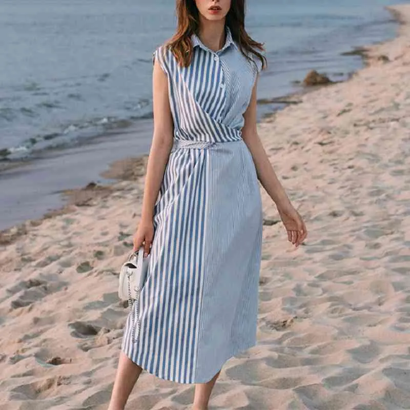 Vintage Striped A-line denim party dress for Women - Sleeveless, Turn Down Collar, Elegant Casual Summer Fashion (210412)
