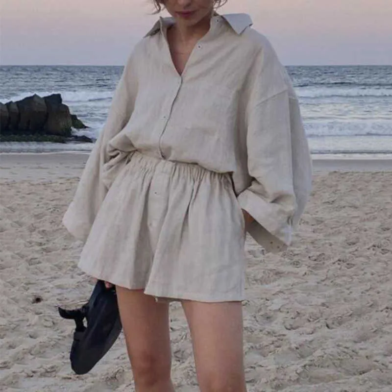 Women Two Piece Set Casual Long Sleeve Turn-down Collar Cotton Linen Loose Blouse Shirts And High Waist Shorts Retro Tracksuit Y0910