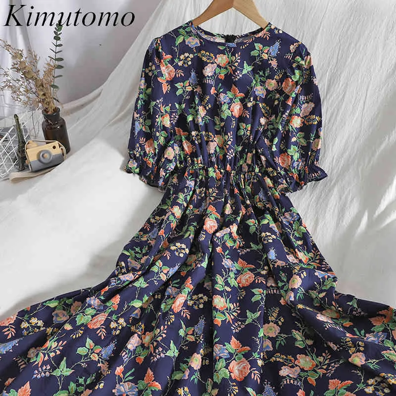 Kimutomo Buff Buff Manga Floral Vestido Feminino Slim Cintura Redondo Tudo Combinando Robe Coreano Chic Senhoras Retro Vestido Elegante 210521