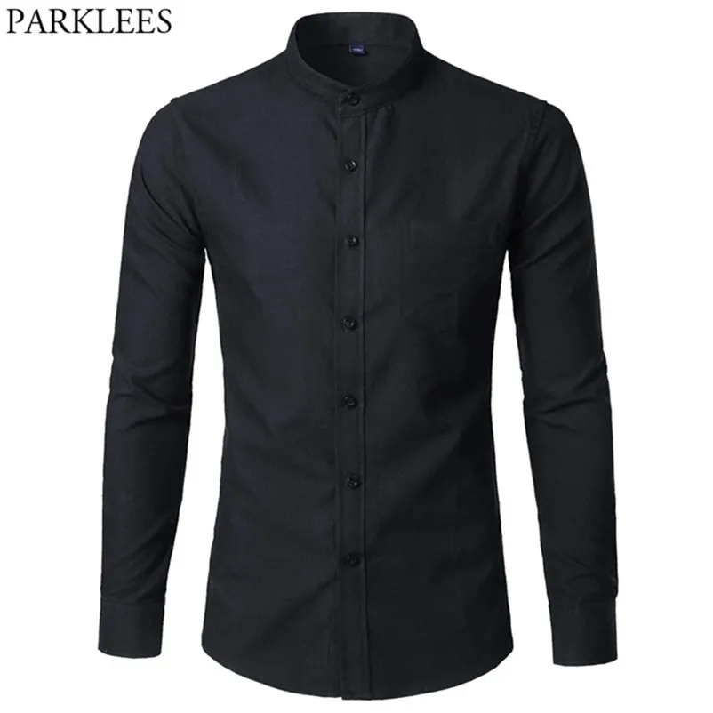 Mens Ox Slim Fit Dress Shirt Brand Mandarin Collar Long Sleeve Chemise Homme Casual Buisness Office with Pocket Black 210730