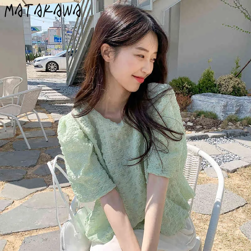 MATAKAWA Folds Loose Shirt Korean Chic Summer Tops Temperament Green Round Neck Blusas Pleated Short Puff Sleeve Blouse Women 210513