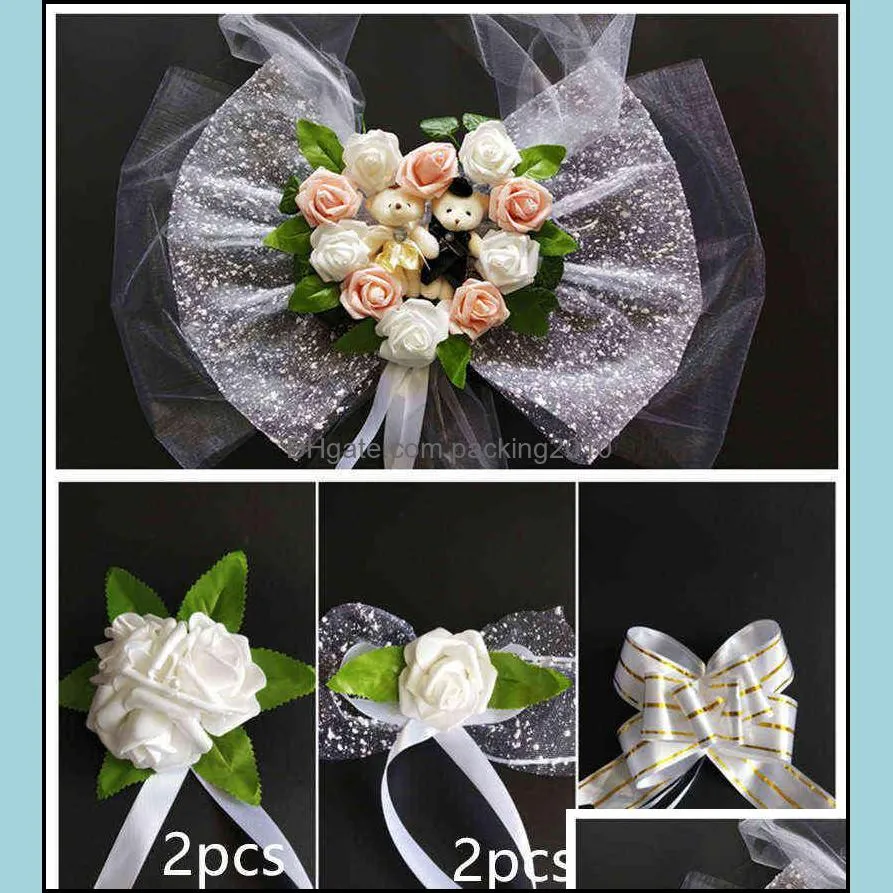 Simple Style PE Rose Wedding Car Decoration Flowers Heart Shaped Wreaths Color Can be Customized 220110