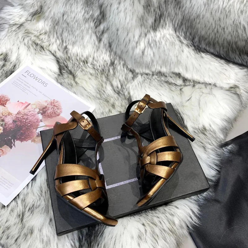 Toppkvalitet 10 mm Tribute stilettklackar Sandaler Brons slätt lädermode superhög klack för kvinnor lyxiga designers skor festklackade sandaler fabriksskor