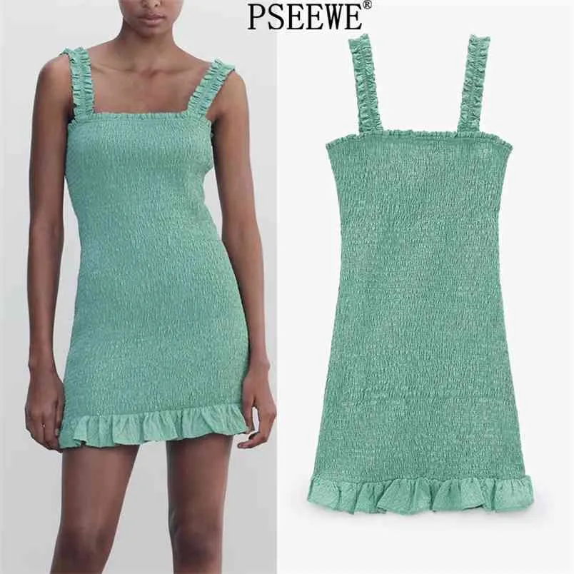 Zomerjurk vrouw groen getextureerde slip korte es vrouwen elastische ruche ruches slank backless sexy riem 210519