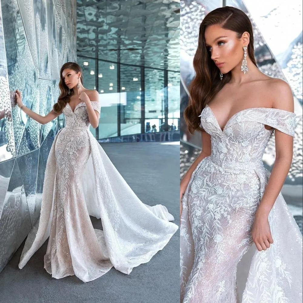 2021 arabski Bling luksusowe suknie ślubne syrenka suknie ślubne Off Shoulder Illusion koronkowa aplikacja cekinowe koraliki Overskirts odpinany pociąg szampan Plus rozmiar