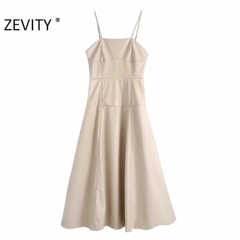 Zevity Women Vintage Solid Faux Leather Casual Sling Midi Dress Female Chic Sexy Adjustable Strap Brand Party Vestido DS4597 210603