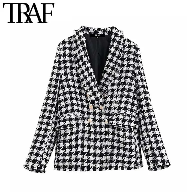 TRAF Women Tops Vintage Houndstooth Double Breasted Blazer Coat Fashion Long Sleeve Frayed Trims Outerwear Chic Plaid Jacket 211122