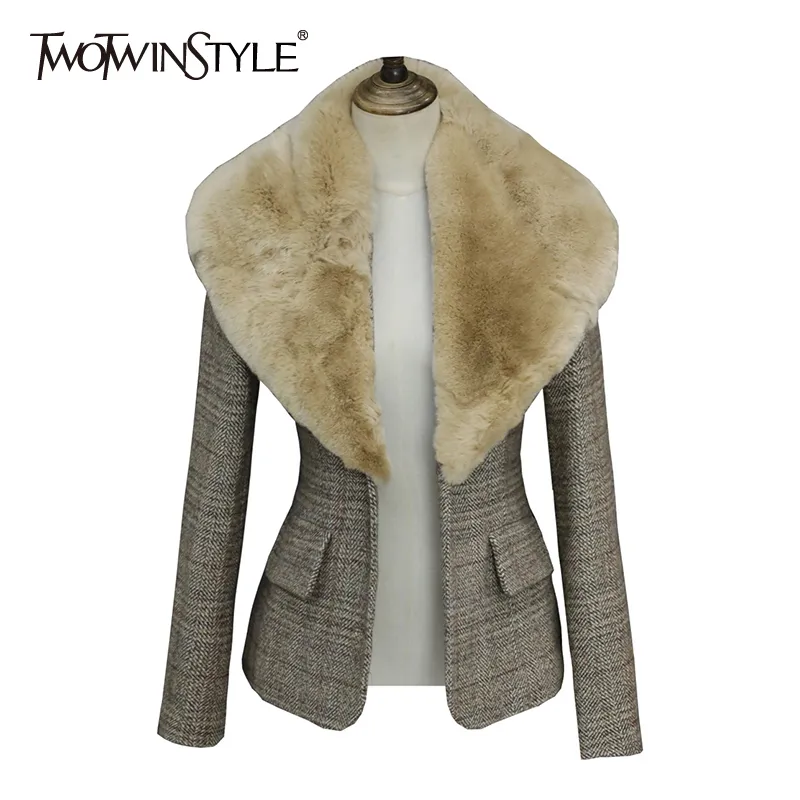 Twotwinstyle tjock khaki tweed coat för kvinnor lappa långärmad tunika patchowrk fluff casual jacka s kvinnliga mode kläder 210517