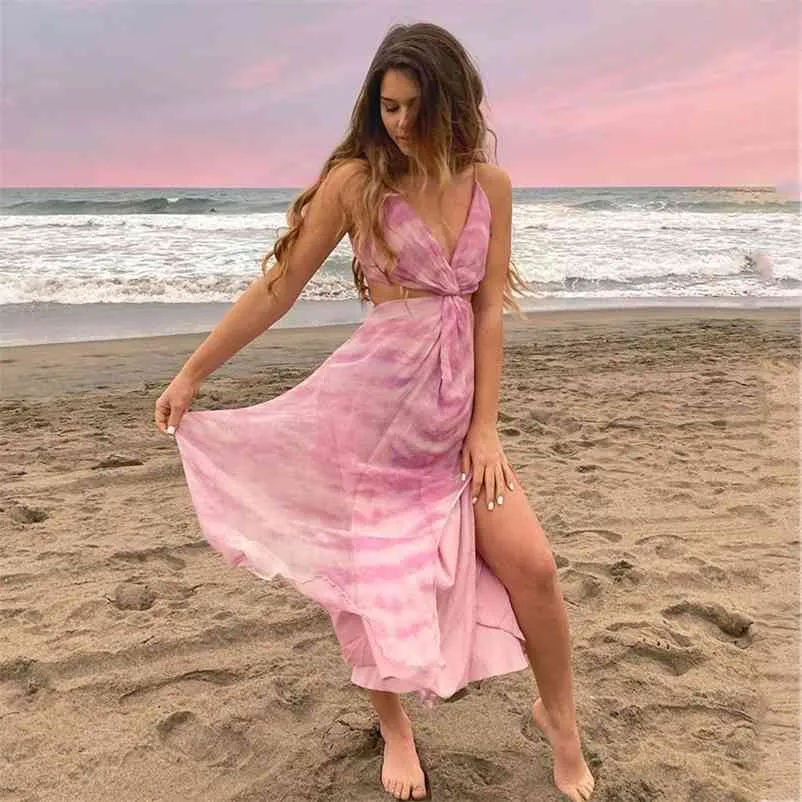 Foridol Tie-dyed Pink Party Beach Dress Sexy Backless Summer Long Dress Sleeveless Side Slit Sundress Lace Up Holiday Dress 210415