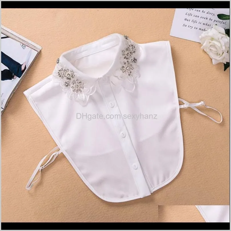 appliques fake collar ladies blouse white lace sleeveless women chiffon shirt 2021 winter fashion office lady fake half shirt