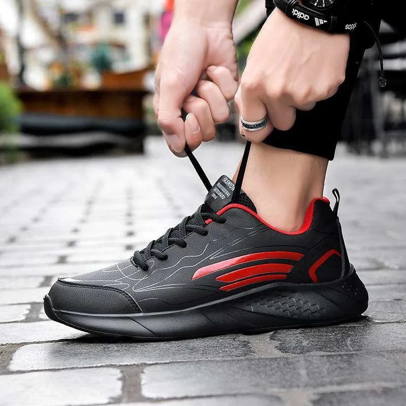 2024 Breathable Running Shoes Men Black Red Lightweight Soft Sole Versatile Mens Leisure Sports Sneakers Trainers
