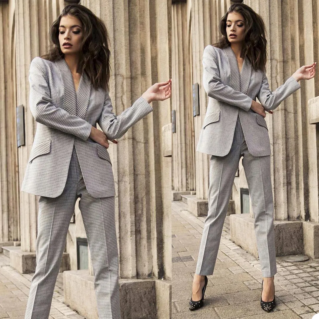 Classic Check Lady Blazer Suits Mode Plaid Lange Mouw Dames Outfits Formele Avond Party Wedding Wear (Jack + Pants)