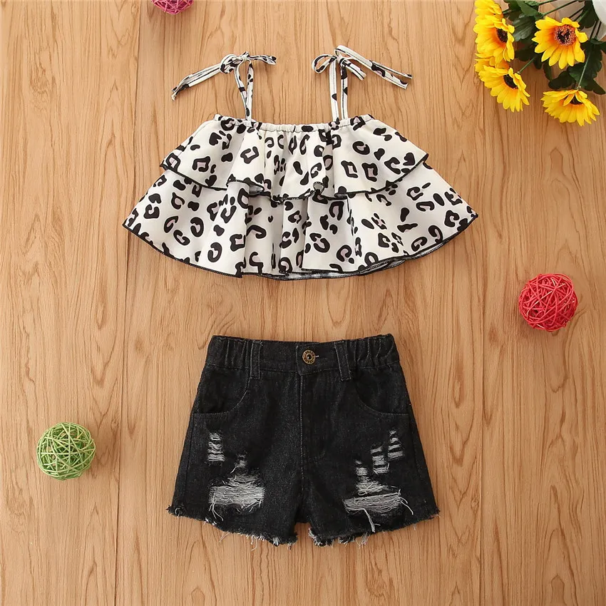 Tjejkläder Sats Sommar Ärmlös Leopard Sling Toppar Denim Shorts Casual 2pcs Outfit Fashion Barn set 210515