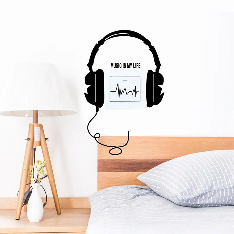 Wall Stickers Creative MUSIC IS MY LIFE Headphones Switch Sticker Decals Bedroom Living Room Home Decor Mural Art