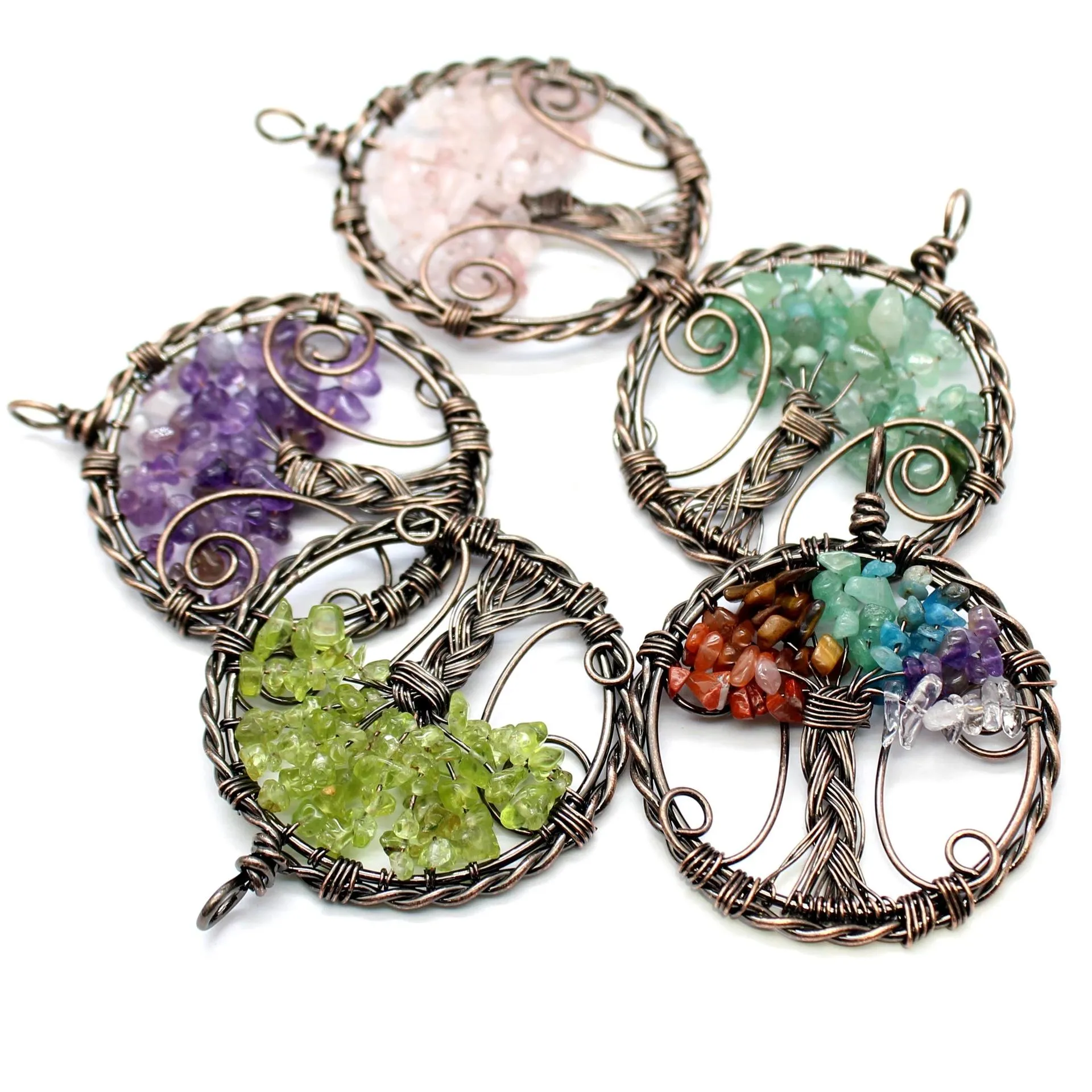 Big Healing Natural Quartz Pendentifs Charms Fil Enroulé Arbre de Vie 7 Chakra Pendule Améthystes Violet Rose Cristal Pendentif pour Femme