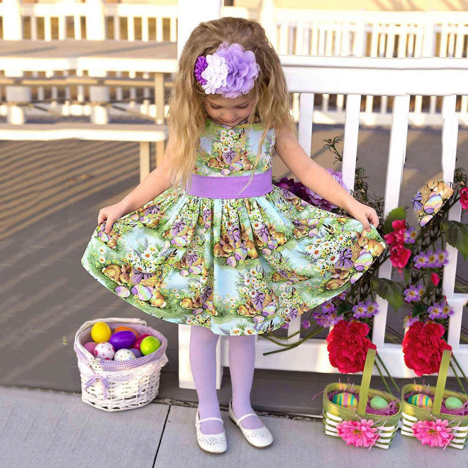 2021 Kawaii Ragazza Vestito Del Bambino Del Bambino Delle Ragazze Senza Maniche di Pasqua Coniglio Del Fumetto Stampato Vestito Da Principessa Abito di Moda Dress6m-4t Q0716