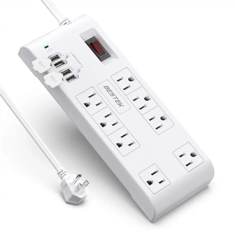 US Stock BESTEK 8-Outlet Plug Surge Protector Power Strip with 4 USB Ports, 5V 4.2A, 6-Foot Heavy Duty Extension Cord a01297F