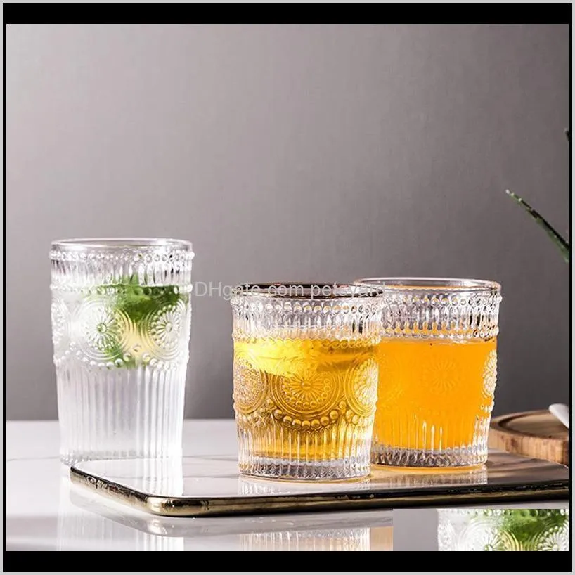 creative ins simple relief retro sun flower phnom penh thick non-slip glass water cup milk drinking brushing wine glasses