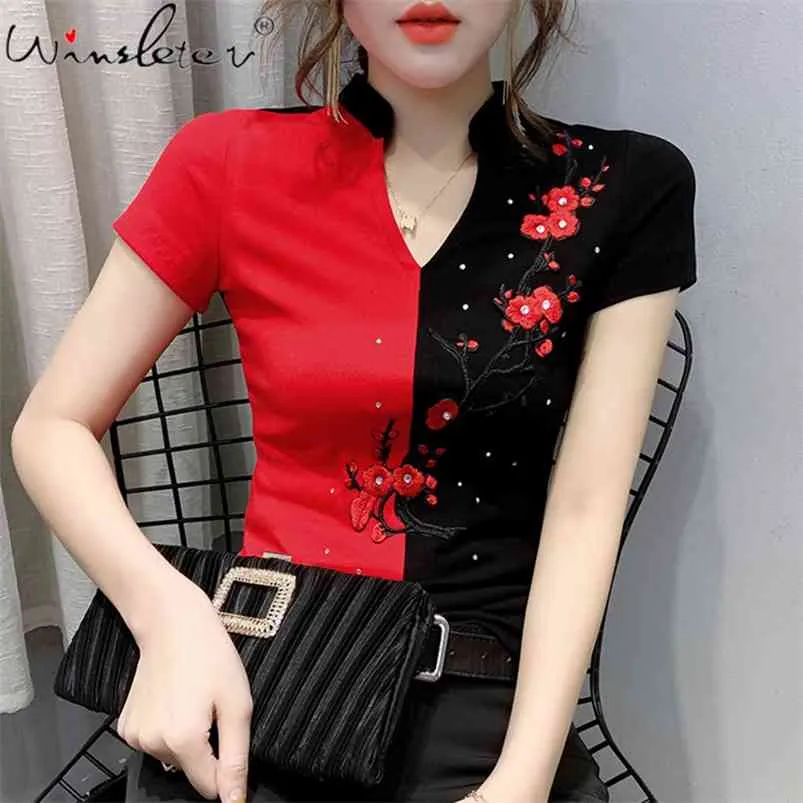Women Cotton T-Shirts Short Sleeve Partchwork Tee Tops Summer Chinese Floral Embriodery Design For Show T03609B 210421